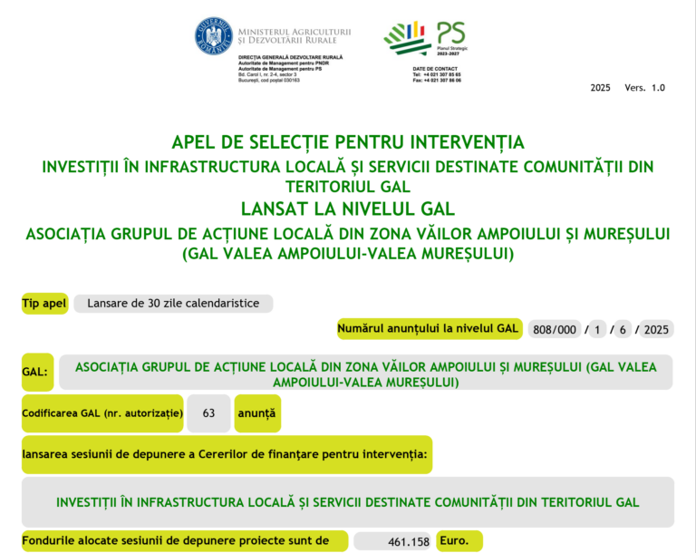 LANSARE APEL DE SELECȚIE: Finanțare pentru Infrastructura Locală și Servicii în teritoriul GAL VAVM