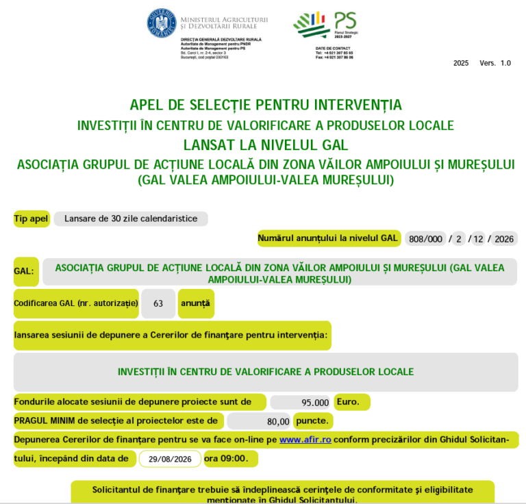 Anunț lansare apel I10 — Investiții în centru de valorificare a produselor locale