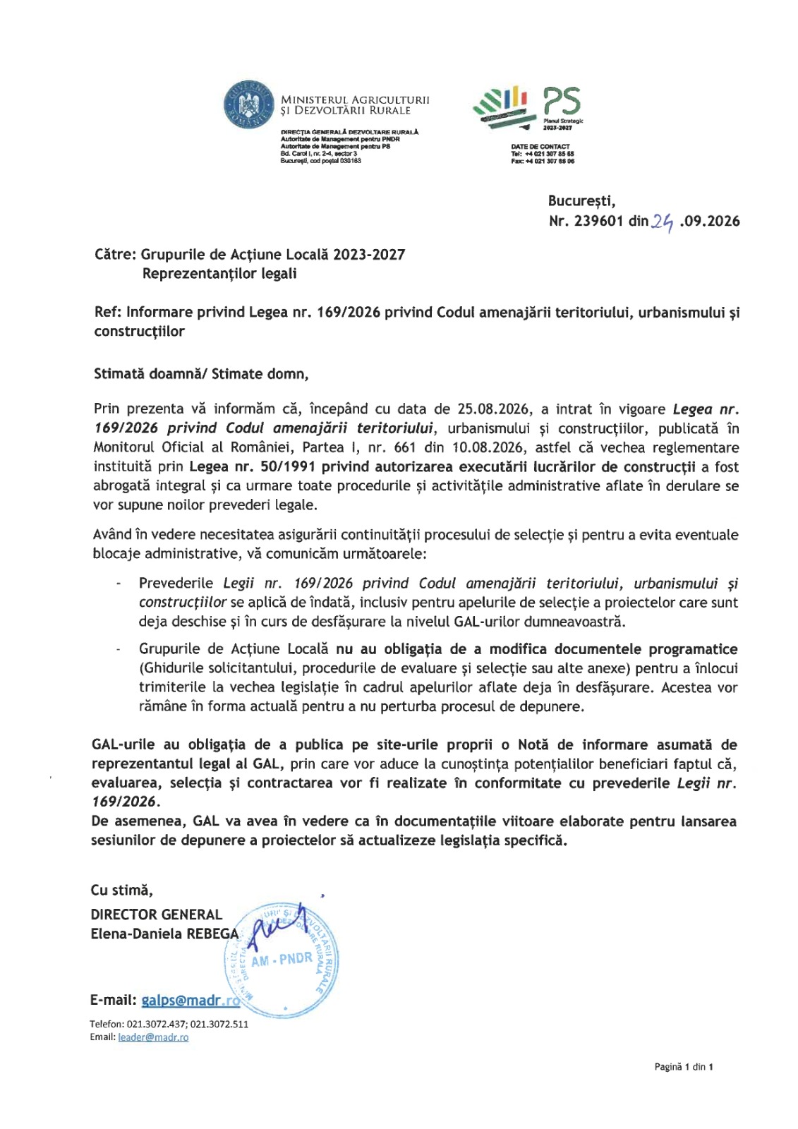 Adresa MADR – DGDR nr. 239601 din 24.09.2026 către Grupurile de Acțiune Locală, privind Legea nr. 169/2026
