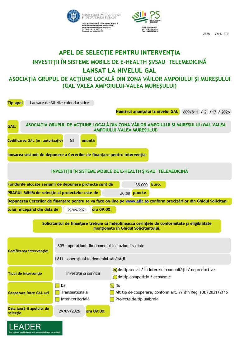 Anunt lansare apel I8-INVESTITII IN SISTEME MOBILE DE E-HEALTH SI/SAU TELEMEDICINA