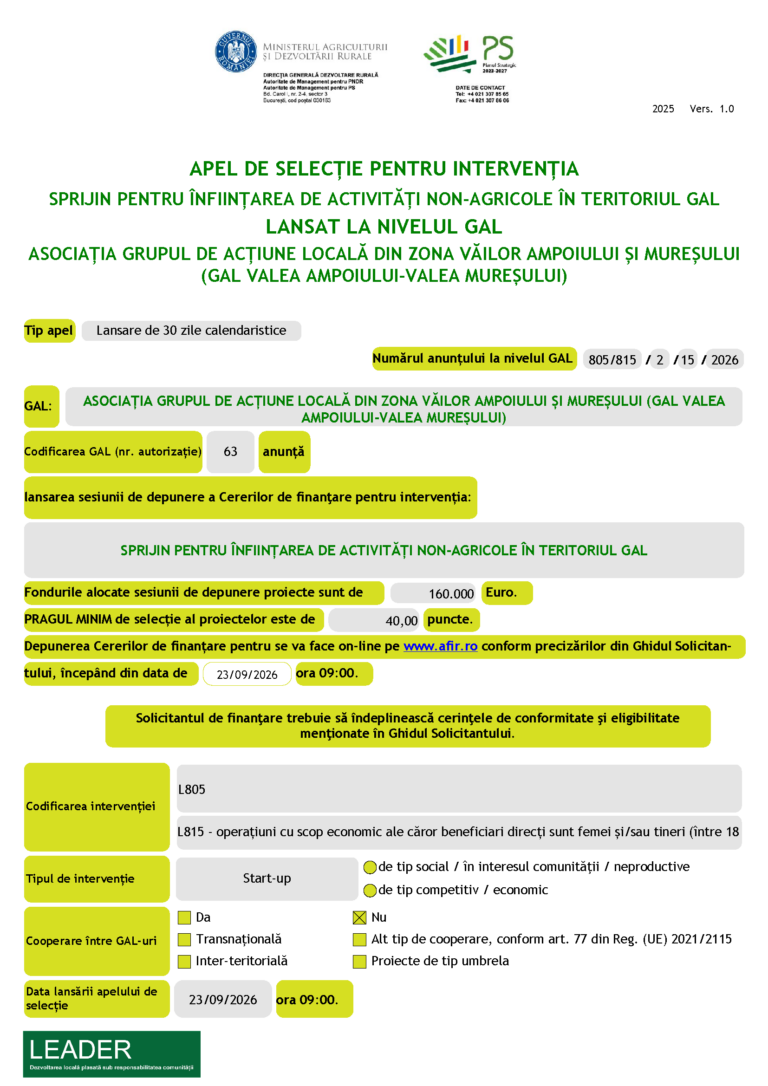 Anunt lansare apel I6 – SPRIJIN PENTRU INFIINTAREA DE ACTIVITATI NON-AGRICOLE IN TERITORIUL GAL