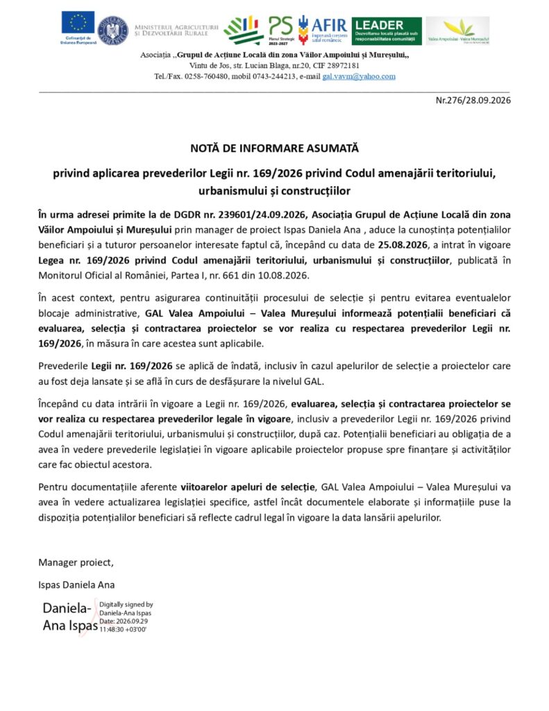 Nota de informare asumată a GAL Valea Ampoiului – Valea Mureșului, nr. 276 din 28.09.2026, privind Legea nr. 169/2026