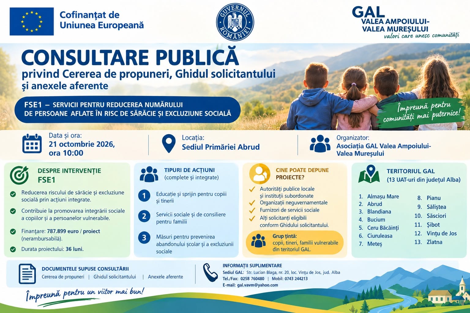 Consultare publică FSE1, Abrud, 21 octombrie 2026, ora 10:00, Sediul Primăriei Abrud.