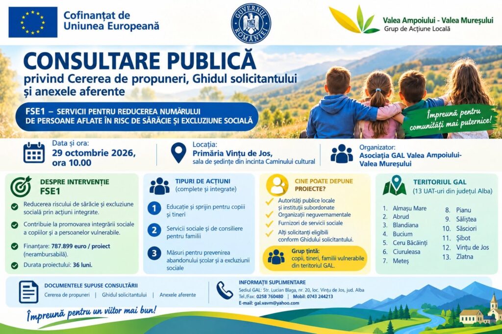 Consultare publică FSE1, Vințu de Jos, 29 octombrie 2026, ora 10:00, Primăria Vințu de Jos, sala de ședințe din incinta Căminului cultural.
