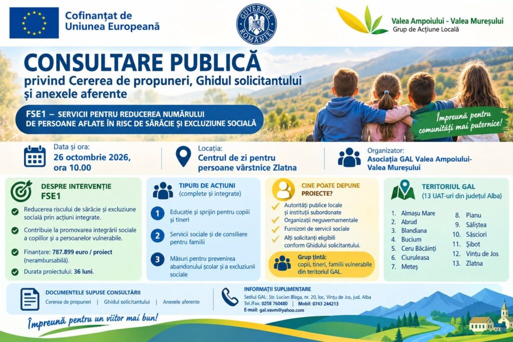 Consultare publică FSE1, Zlatna, 26 octombrie 2026, ora 10:00, Centrul de zi pentru persoane vârstnice Zlatna.